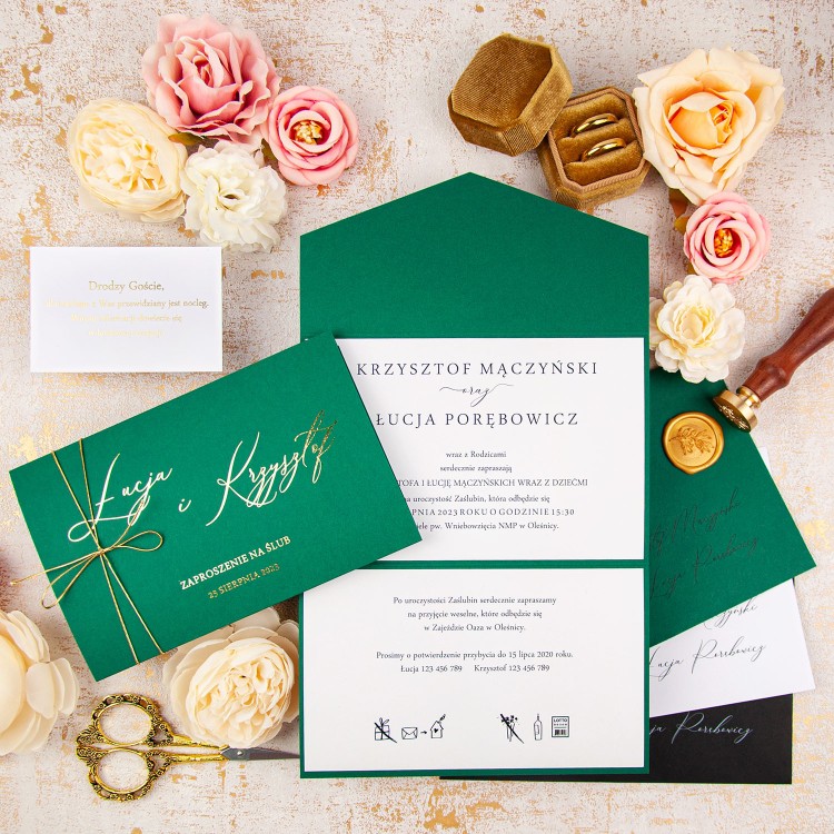 Klasyczne zaproszenia ślubne ze złotym wykończeniem - Green Envelope Gold - PRÓBKA
